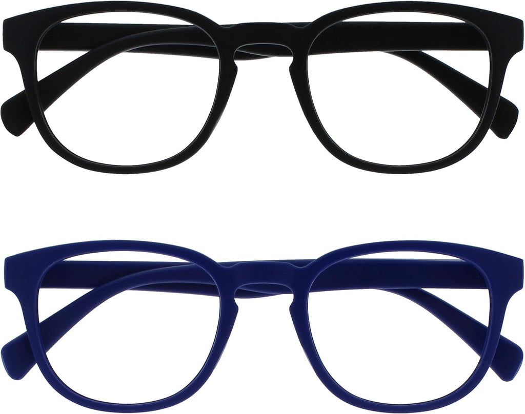 OPULIZE POP Reading Glasses for Women Men,Scratch Resistant Round Matt Frame with Spring Hinges, Black, Blue +1.00 (Pack of 2)
