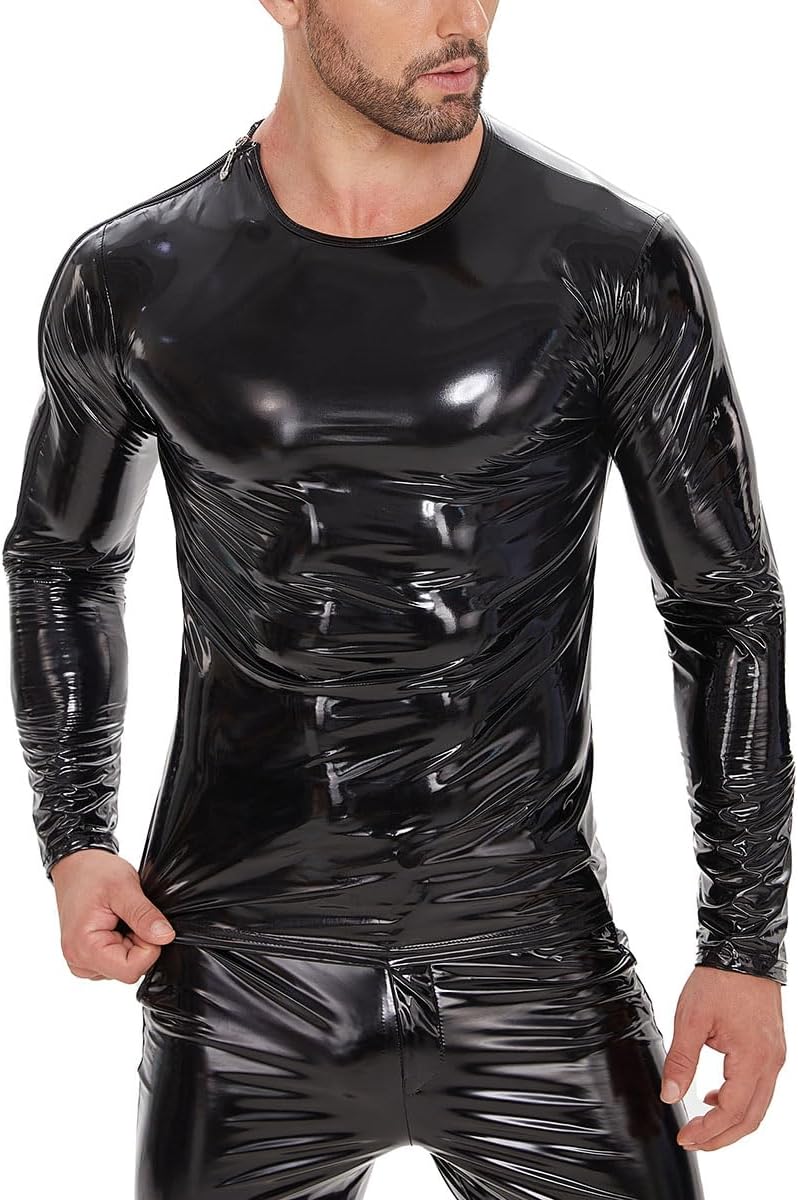 Men Sexy Leather T-Shirt, Plus Size, Glossy, Long Sleeve, Shiny Latex Casual Coat For Male