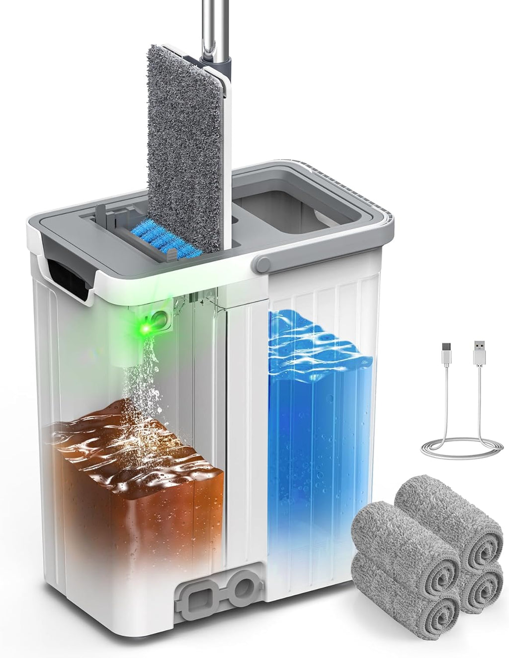 Mop and Bucket Set with AUTO Pump, 3-Zone Separate Dirty and Clean Water, Flat Mop and Bucket System with Wringer and Wheels, 3 Reusable Microfiber Pads, One-Touch Water Filling for Home Cleaning