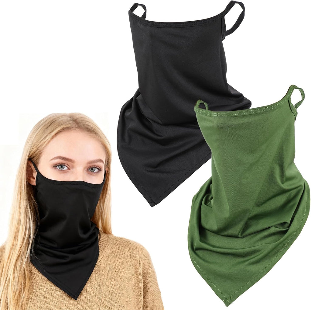 2 Pcs Neck Gaiter with Ear Loops Face Mask Elastic Balaclavas Non Slip Neck Covers Bandana Scarf Mask with Ear Loops Sun Protection Outdoors Cloth Face Masks for Women Men (Black, Green)