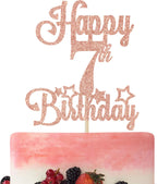 Happy 7th Birthday Cake Topper, Cheers to 7 Years, Hello 7, 7th Birthday Anniversary Party Decorations Rose Gold Glitter.