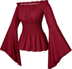 Irtysh Womens Renaissance Victorian Peasant Ruffle Smocked Waist Boho Pirate Shirt Blouse Cosplay Costume