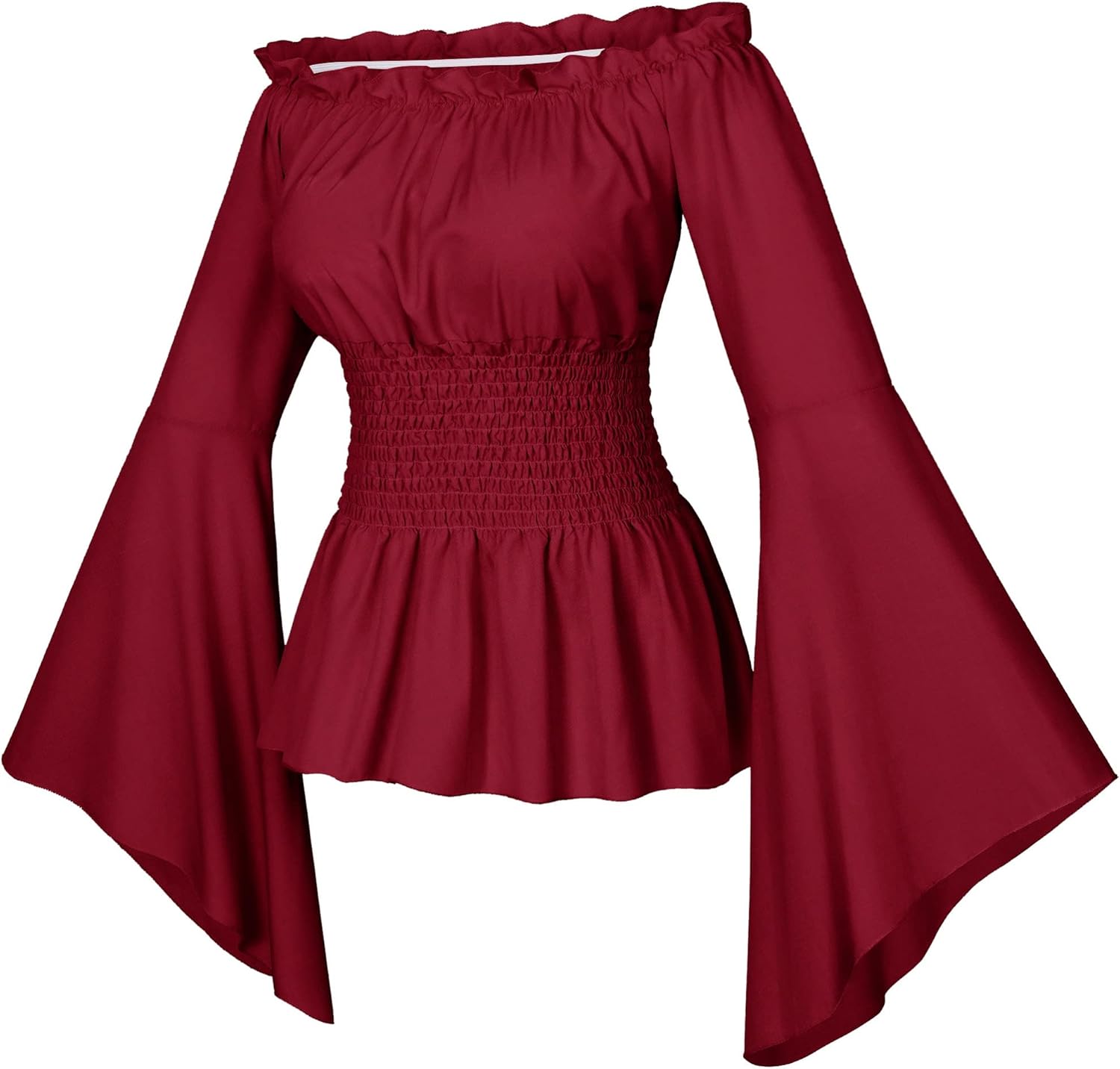 Irtysh Womens Renaissance Victorian Peasant Ruffle Smocked Waist Boho Pirate Shirt Blouse Cosplay Costume