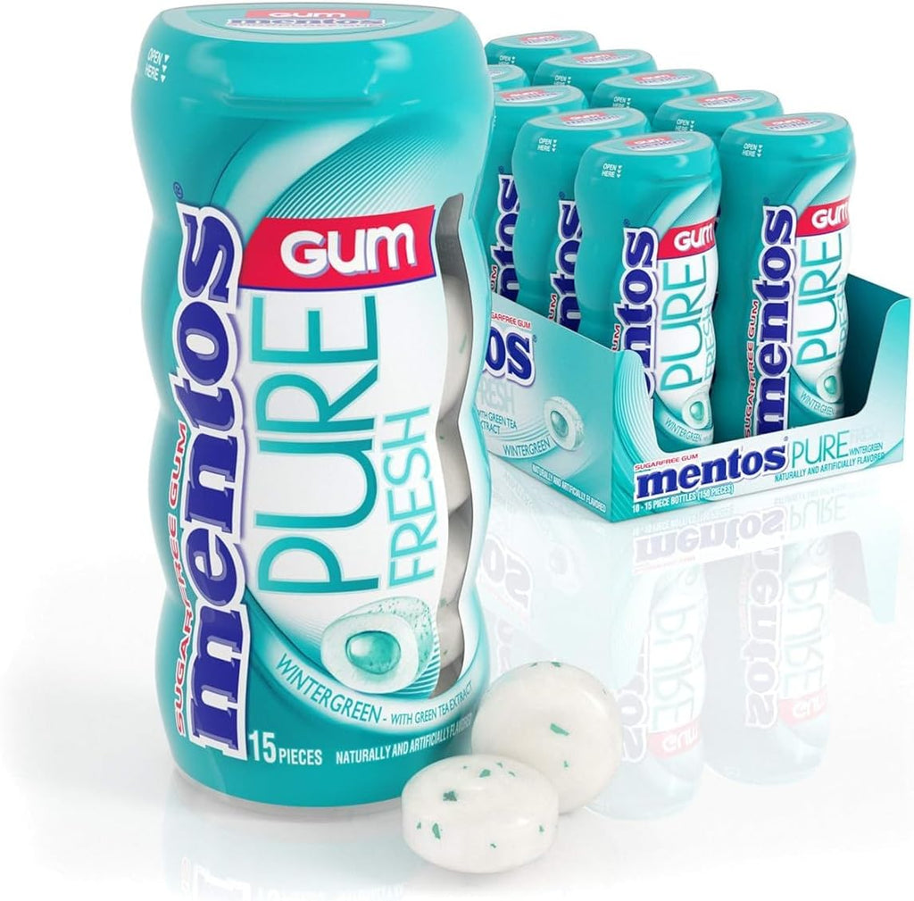 Mentos Pure Fresh Sugar-Free Chewing Gum with Xylitol, Wintergreen Flavor, Easter Basket Essentials Stuffers for Kids and Adults, 15 Pieces (10-Pack)