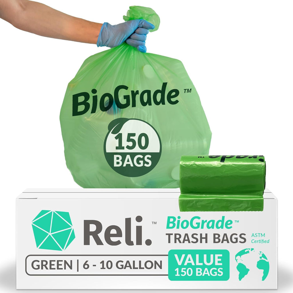 Reli. Biodegradable 6-10 Gallon Trash Bags | 150 Count | ASTM D6954 | Green | Eco-Friendly | Oxobiodegradable Under Certain Conditions (See Product Description)