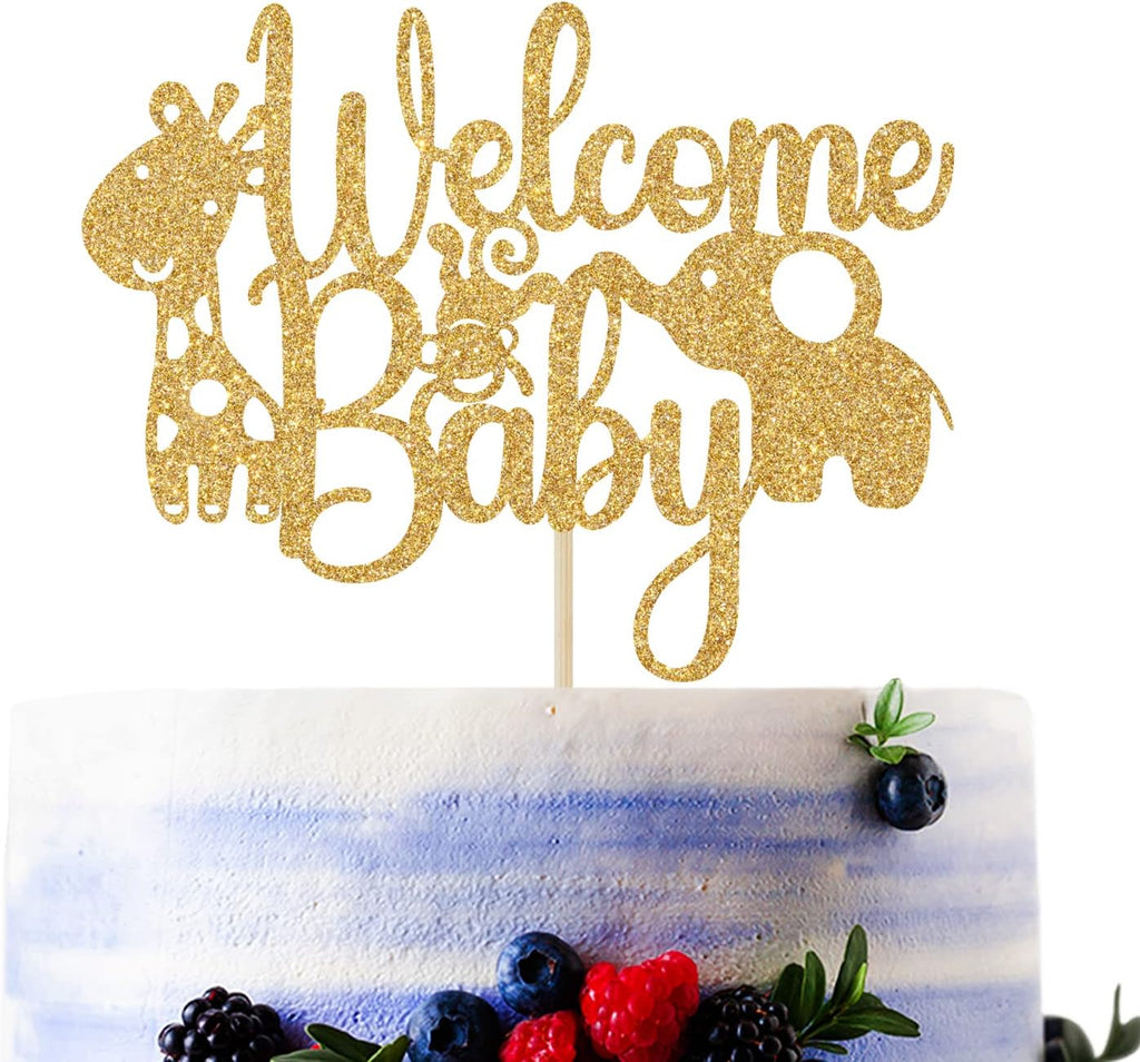Gold Glitter Welcome Baby Cake Topper, Baby's Birthday Party Decorations, Jungle Wild Animal Themed