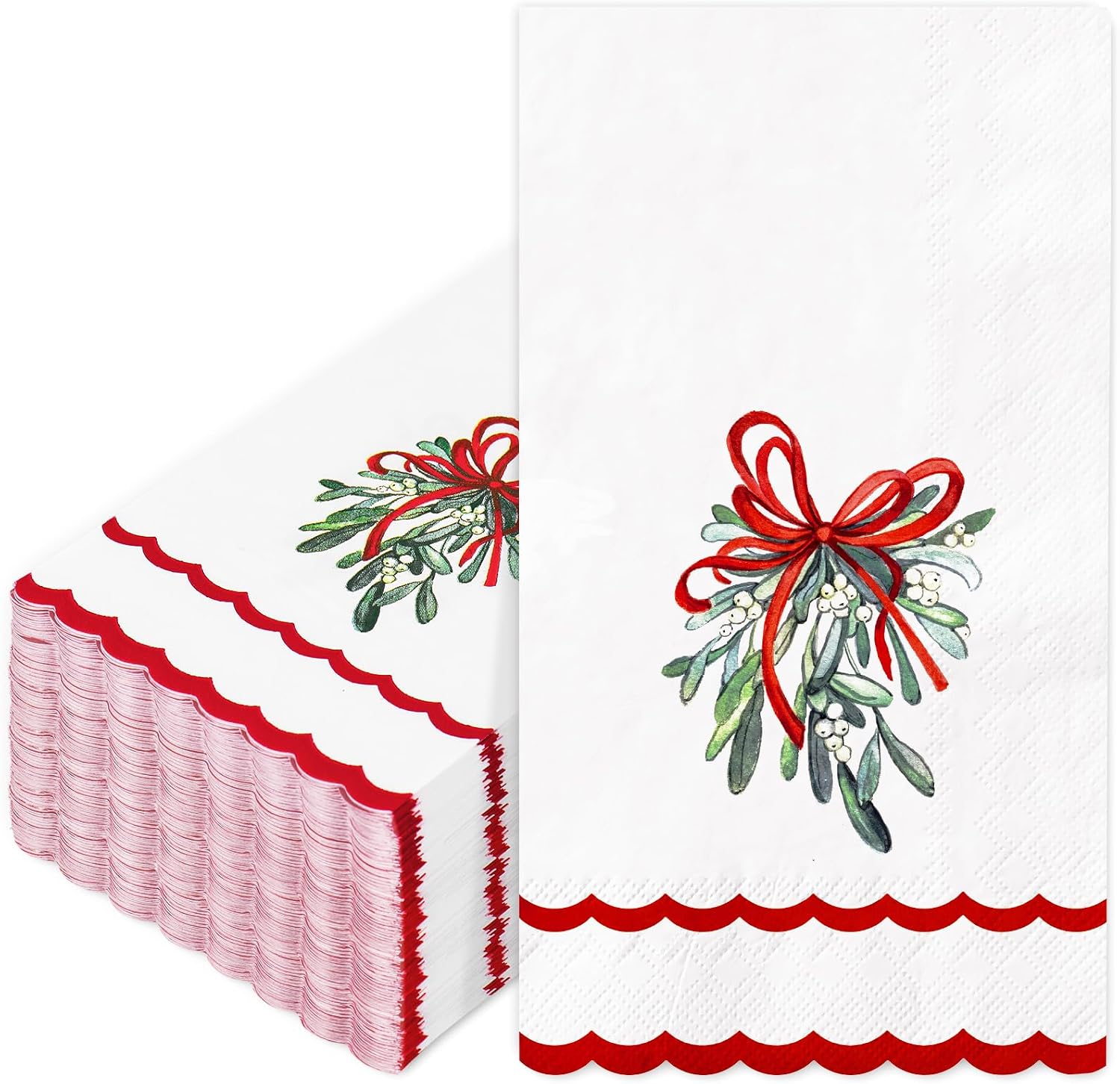 Whaline 100 Pcs Christmas Guest Napkins Mistletoe Holly Scalloped Disposable Napkins Watercolor Dinner Hand Paper Napkin for Bathroom Xmas Winter Holiday Party Table Supplies