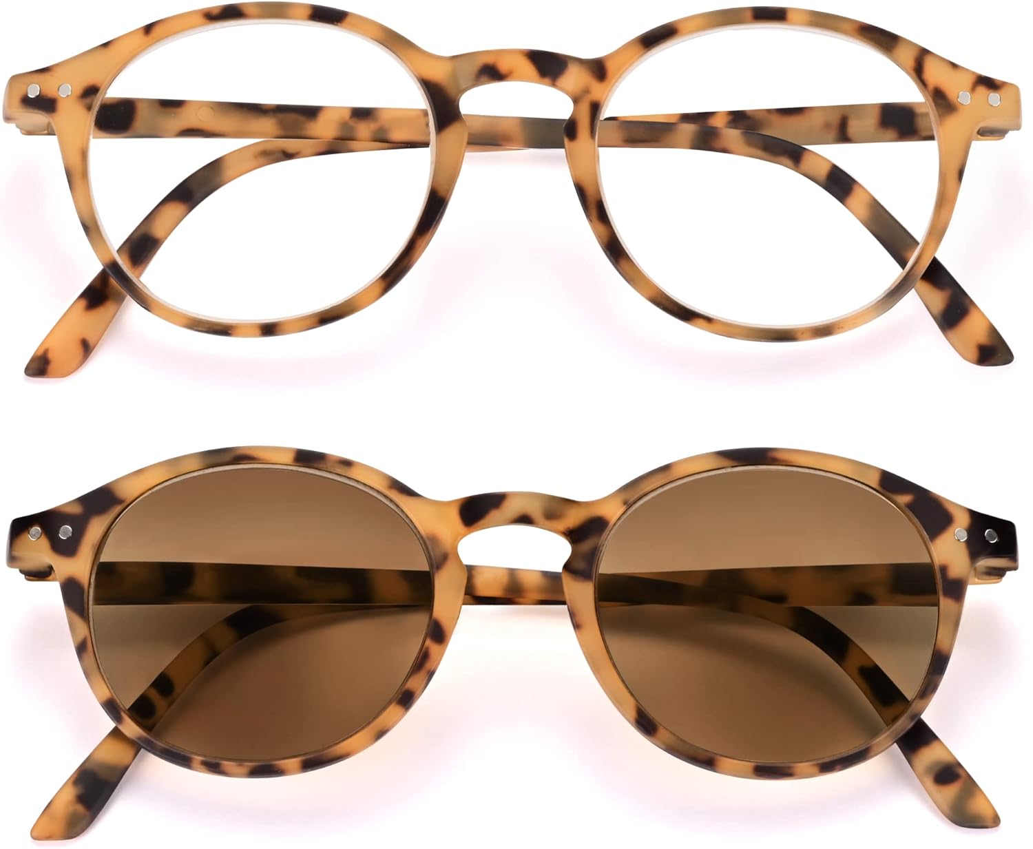 EYEGUARD 2 Pack Vintage Reading Glasses for Women Men includes Sun Readers, UV Protection Reading Sunglasses with Spring Hinge, Light Tortoise, +2.00