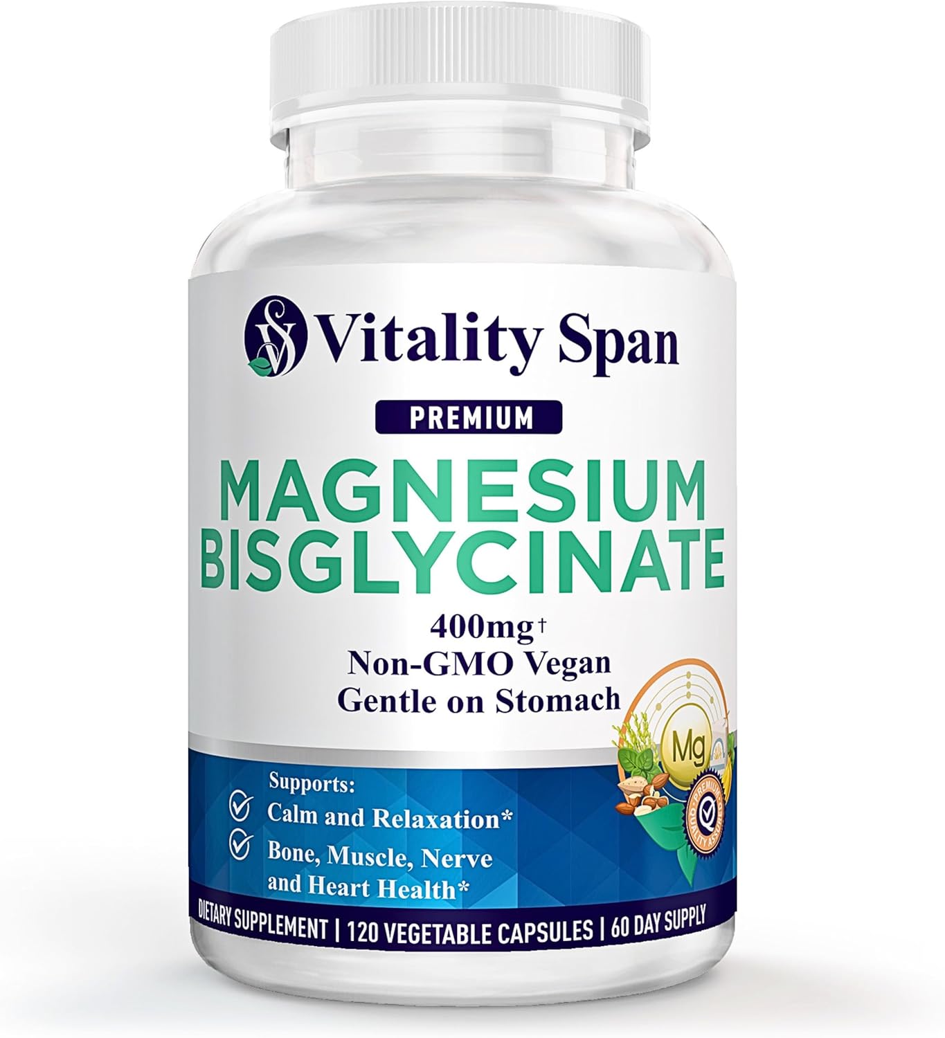 Magnesium Glycinate 400mg, Chelated Magnesium Bisglycinate for Relaxation and Sleep Aid, Extra Strength, with Magnesium Oxide, Gentle on Stomach, Vegan, 120 Capsules, Made in USA