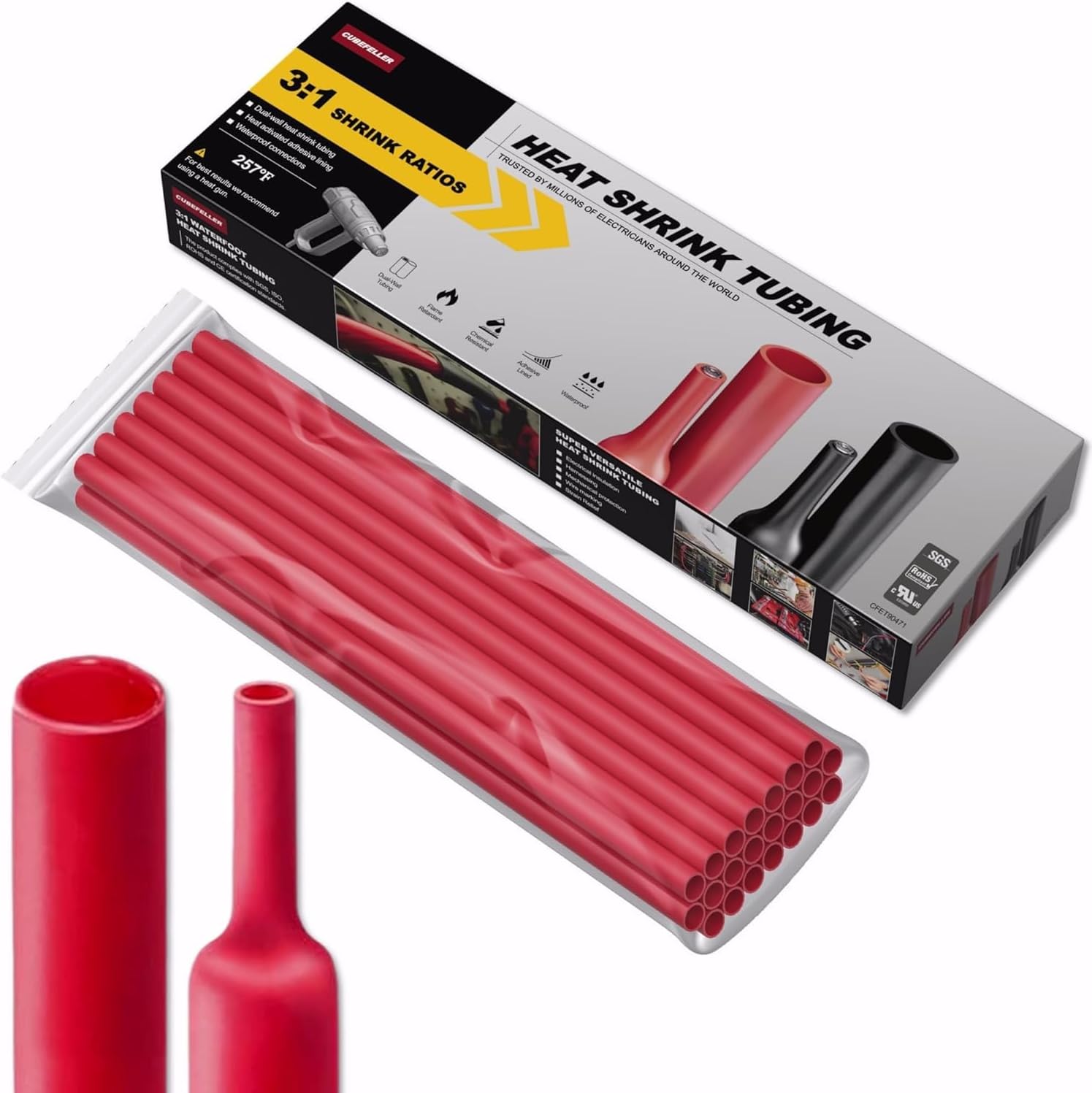 CUBEFELLER® 3:1 Ratio 1/8 Inch (3.2mm) Red Heat Shrink Tubing - 20ft (6.1M Total Length), Marine Grade Waterproof Adhesive Lined, Insulation Sealing Oil-Proof Wear-Resistant,ET2032R