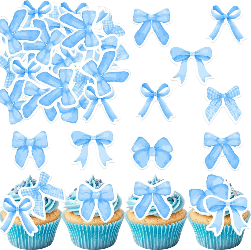 30PCS Edible Bow Cupcake Toppers Wafer Paper Bowknot Cake Decoration She is Trying the Knot Cupcake Toppers Edible Coquette Bows for Bow Theme Birthday Party Decoration Supplies (Blue)