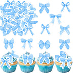 30PCS Edible Bow Cupcake Toppers Wafer Paper Bowknot Cake Decoration She is Trying the Knot Cupcake Toppers Edible Coquette Bows for Bow Theme Birthday Party Decoration Supplies (Blue)