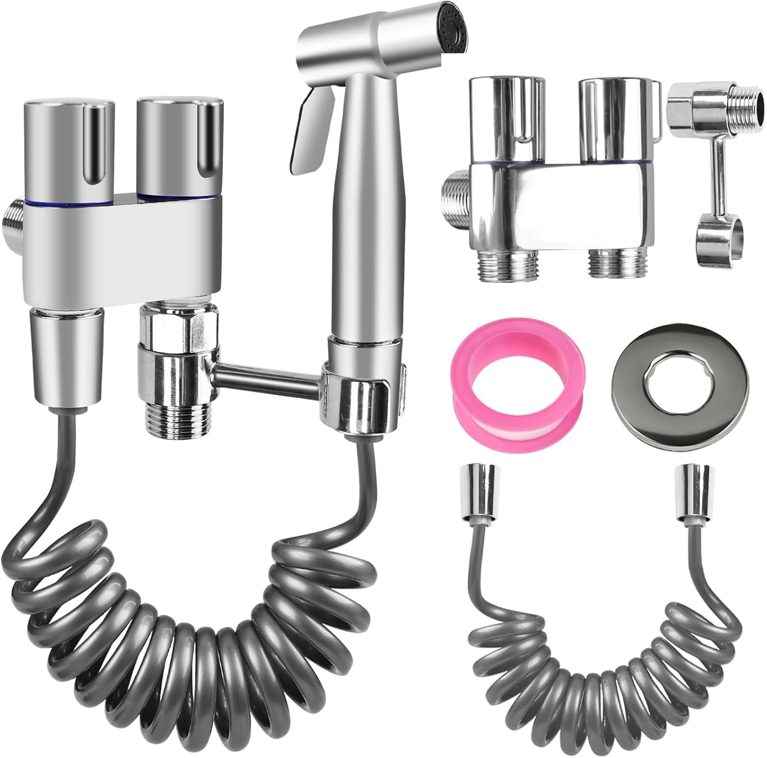 Neween Handheld Toilet Bidet Sprayer for Toilet-Adjustable 1-in-2-Out Dual Control Valve Bidet Sprayer for Feminine Wash, Stainless Steel Bidet Faucet Kit Cloth Diaper for Baby Wash (Brushed)