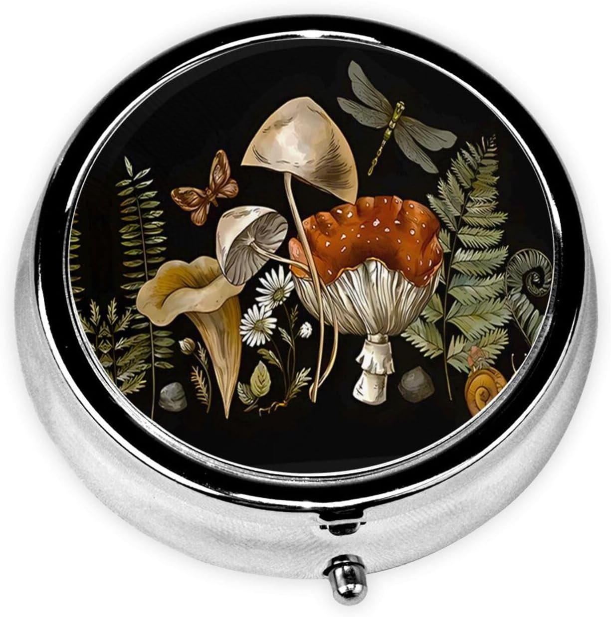 Pill Box, Small Pill Organizer with 3 Compartments and Mirror, Cute Round Portable Travel Metal Pill Case for Pocket or Purse, Privacy-Protecting Medicine Box-Retro Mushroom