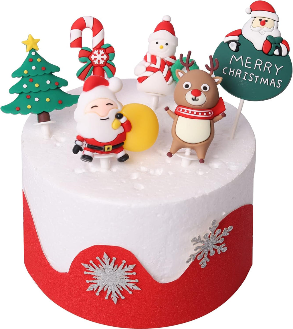 6 Pack Santa Claus Merry Christmas Cake Toppers Resin Little Figurine Cane Snowman Deer Christmas Tree Cake Topper Picks for Merry Christmas Theme Holiday Party Cake Decorations Supplies