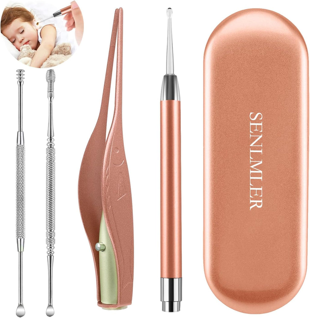 4 Pack Ear Pick with Light, Ear Cleaner Ear Wax Removal Tool Kit for Kids and Adults, Ear Picks Digger & Tweezers & Spiral Spring Ear Spoon Set with Storage Box (Rose Gold)