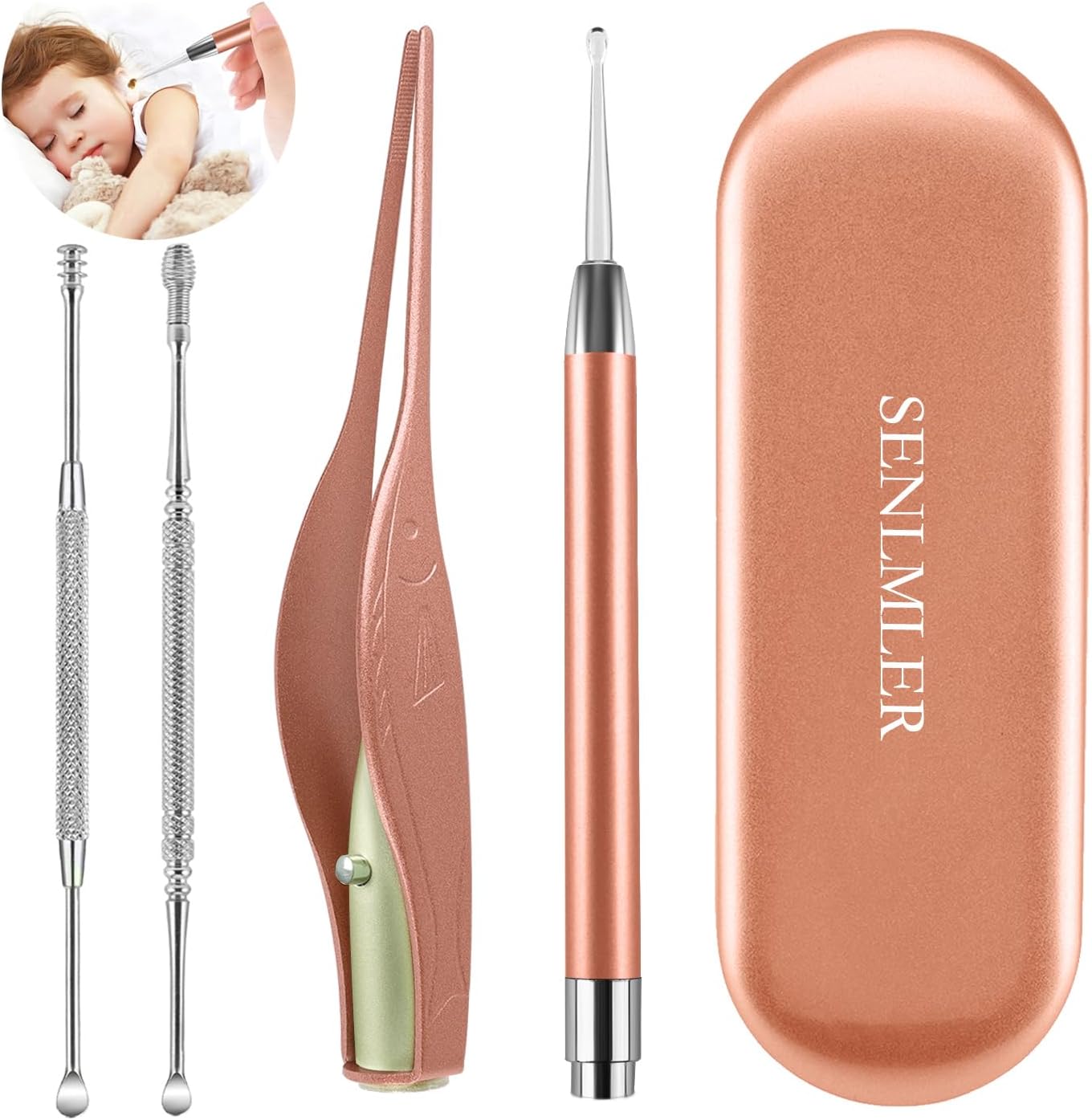 4 Pack Ear Pick with Light, Ear Cleaner Ear Wax Removal Tool Kit for Kids and Adults, Ear Picks Digger & Tweezers & Spiral Spring Ear Spoon Set with Storage Box (Rose Gold)