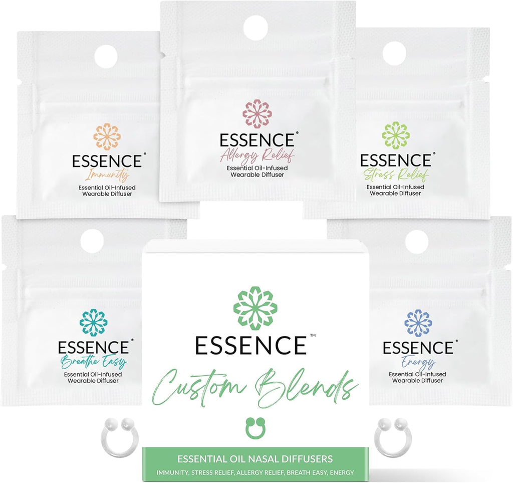 Essence Nasal Diffuser Custom Blends Bundle – Essential Oil Silicone Nose Rings for Energy, Immunity, Stress & Allergy Relief – Wearable Aromatherapy for Daily Wellness & Relaxation