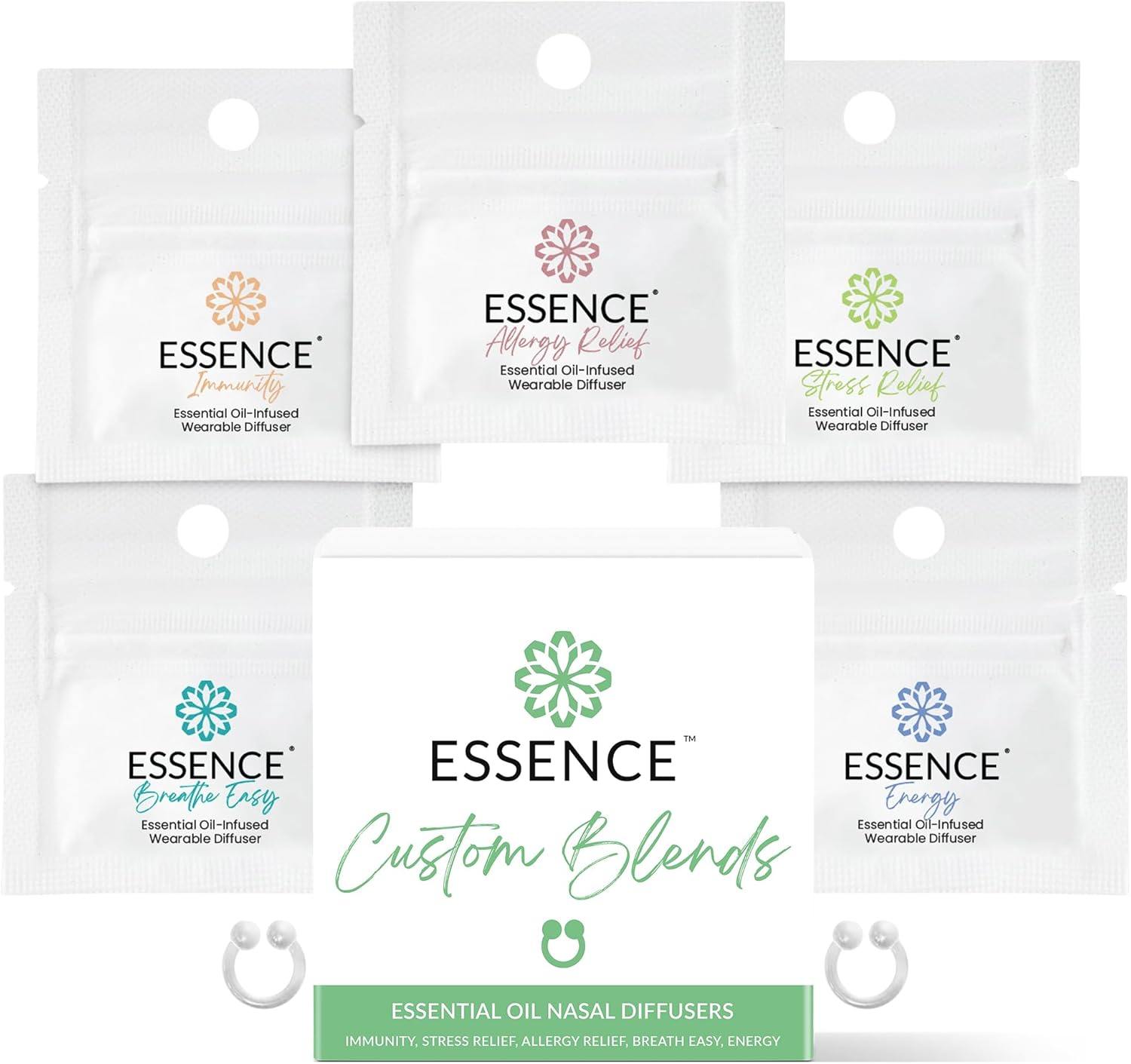 Essence Nasal Diffuser Custom Blends Bundle – Essential Oil Silicone Nose Rings for Energy, Immunity, Stress & Allergy Relief – Wearable Aromatherapy for Daily Wellness & Relaxation