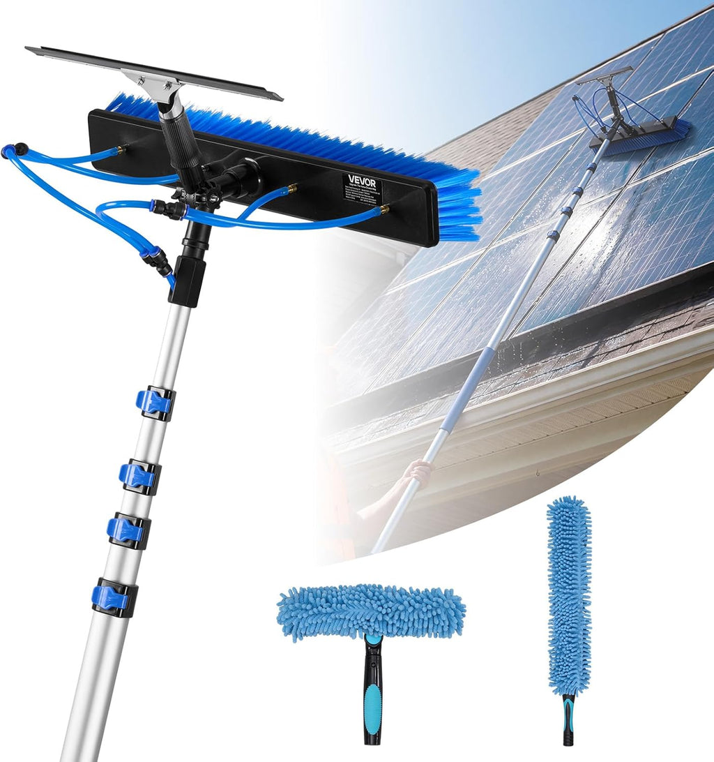 VEVOR Solar Panel Cleaning Kit, 26 ft, Water Fed Pole Kit with Cleaning Brush, Squeegee, Soap Dispenser, Extendable Aluminum Telescopic Pole, 180° Rotatable Brush Head, for Roof Mounted Solar Panels