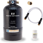 Essential RV Water Softener Portable 16,000 Grain w Custom Hose, Long Lasting for RVers Vanlife, 3/4" Fittings, Softens Hard Water When Traveling or Mobile Spot Reducing Car Washing