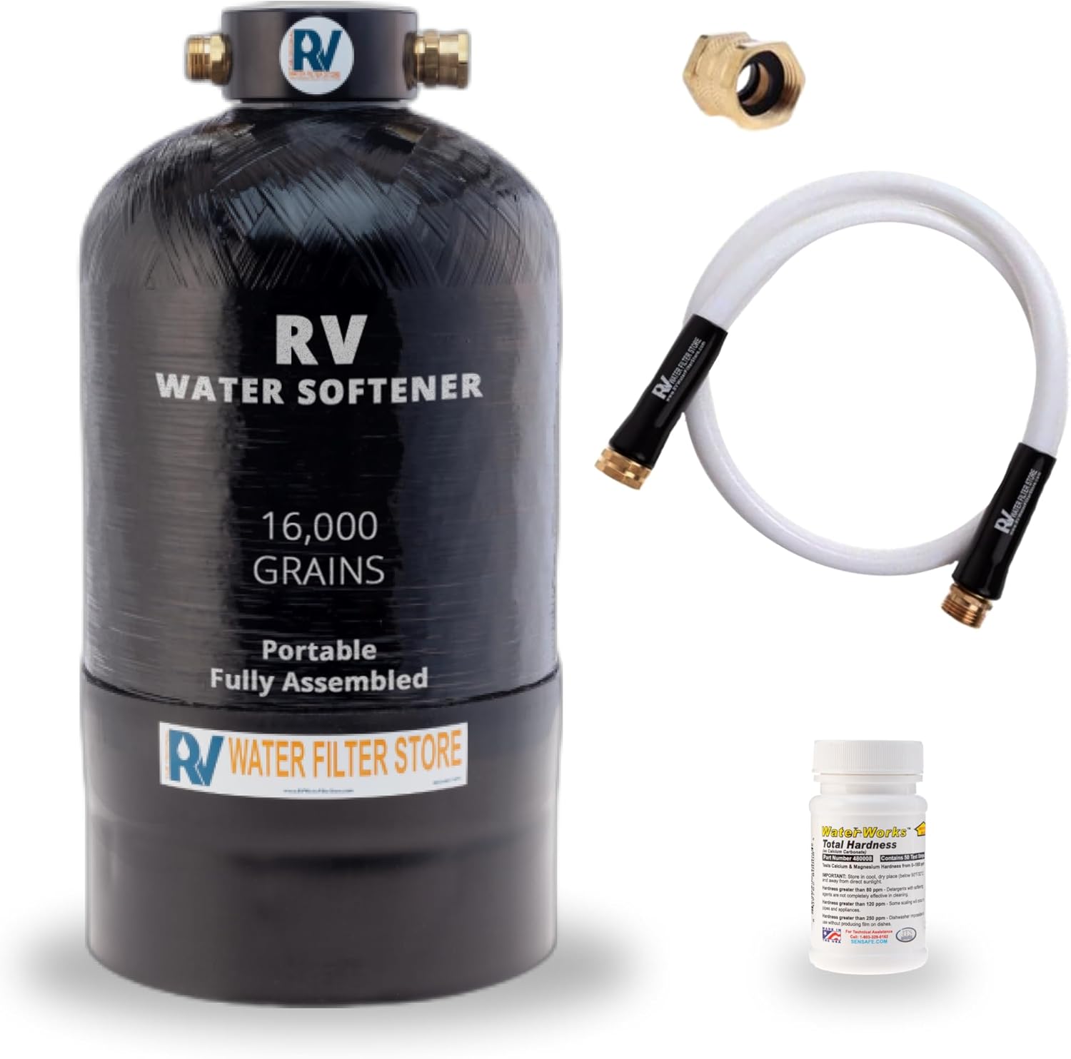 Essential RV Water Softener Portable 16,000 Grain w Custom Hose, Long Lasting for RVers Vanlife, 3/4" Fittings, Softens Hard Water When Traveling or Mobile Spot Reducing Car Washing