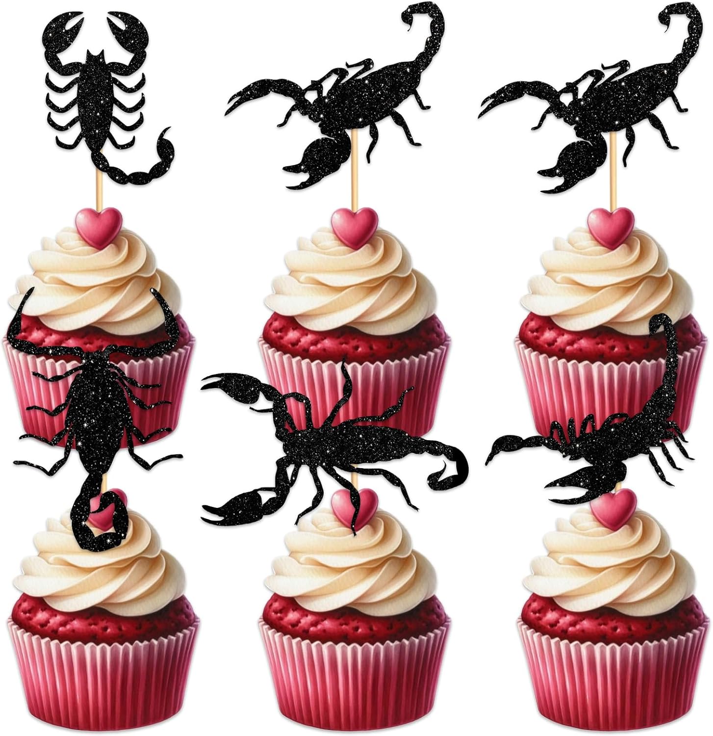 W Scorpion Cupcake Topper for Reptile Insects Theme Party Favors Decorations Cheer to Men Women Happy Birthday Party Decor Supplies set 18pcs Black Glitter