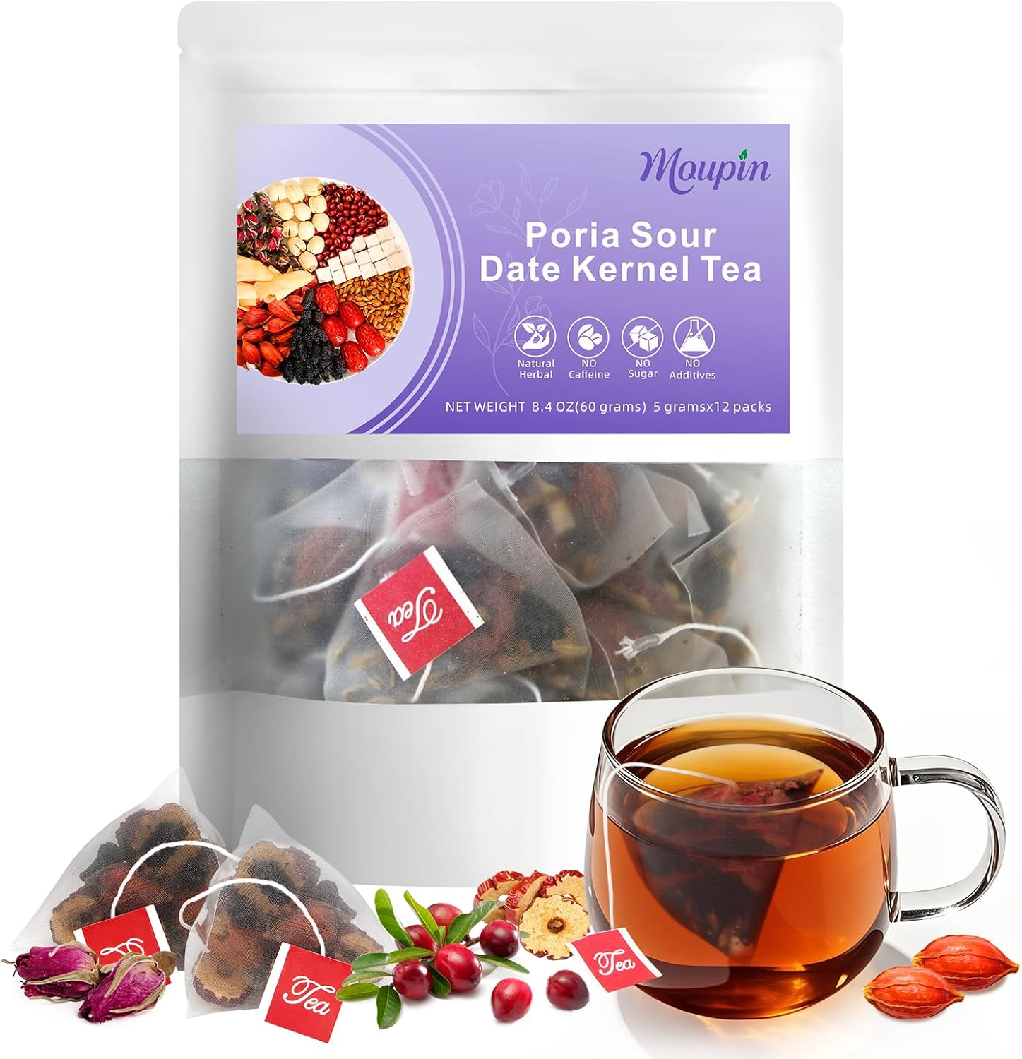 MQUPIN Sleeping Tea, Herbal Tea With Sour Jujube Seed, Lily & Poria Tea Bags - 12Count, 5g/Bag | Natural Sleep Support, Stress Relief & Calming Herbal Blend | Caffeine-Free