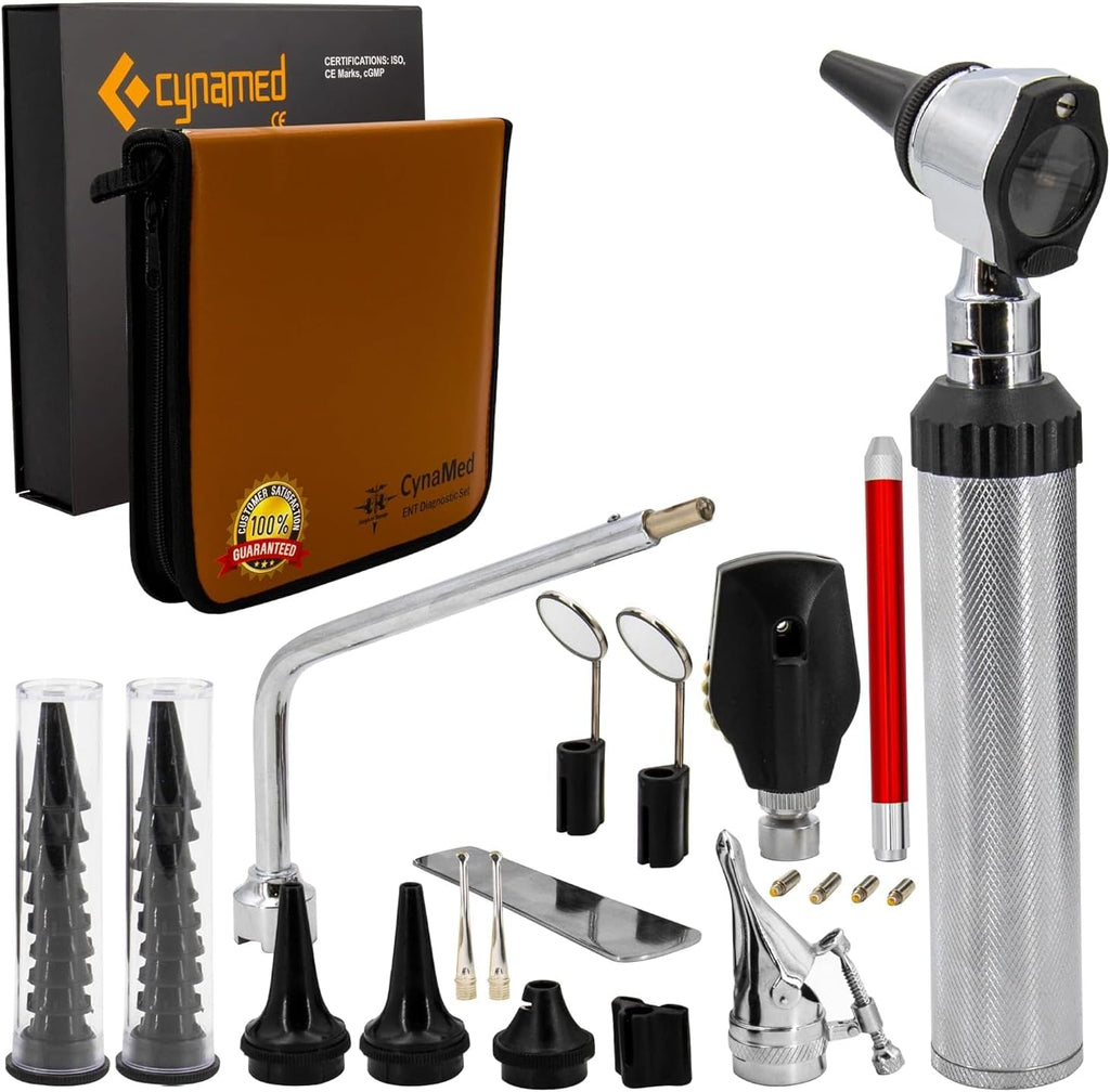 CynaMed ENT Diagnostic Kit - Ear, Nose, Throat Examination Instruments Set - Otoscope, Opthalmoscope, Earwax Remover, Nasal Dilator, Speculum, LED Lights, Mirrors, Replacement Tips, Leather Carry Bag