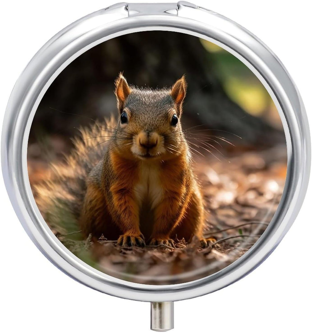 Pill Box 3 Compartment Metal Medicine Pill Organizer Squirrel on The Ground Pill Case for Purse Or Pocket Cute Mini Portable Pill Holder Travel Pill Container to Hold Supplements, Vitamins, Fish Oil
