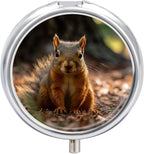 Pill Box 3 Compartment Metal Medicine Pill Organizer Squirrel on The Ground Pill Case for Purse Or Pocket Cute Mini Portable Pill Holder Travel Pill Container to Hold Supplements, Vitamins, Fish Oil