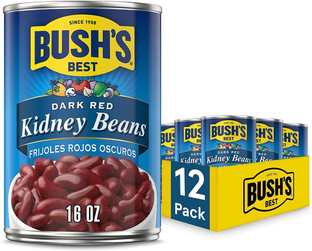 BUSH'S BEST 16 oz Canned Dark Red Kidney Beans, Source of Plant Based Protein and Fiber, Low Fat, Gluten Free, (Pack of 12)
