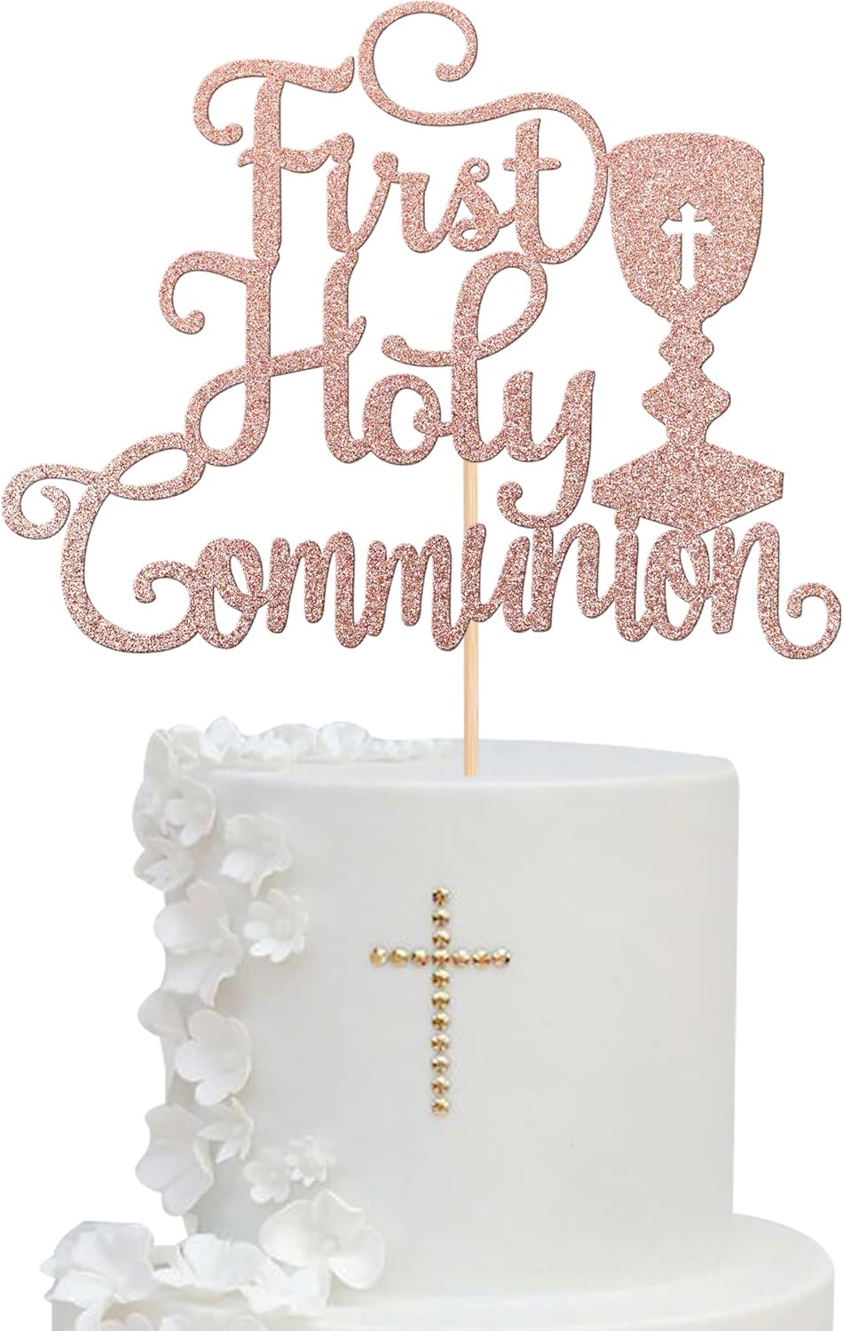 1 PCS First Holy Communion Cake Topper Glitter God Bless Cross Baby Baptism Christening Cake Pick for First Communion Theme Baby Shower Birthday Party Cake Decorations Supplies Rose Gold