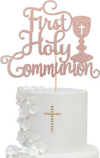 1 PCS First Holy Communion Cake Topper Glitter God Bless Cross Baby Baptism Christening Cake Pick for First Communion Theme Baby Shower Birthday Party Cake Decorations Supplies Rose Gold