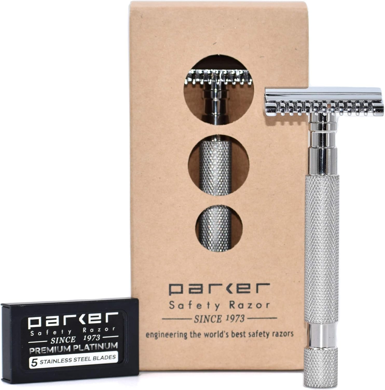 Parker 68S Stainless Steel Handle Double Edge Safety Razor with 5 Blades