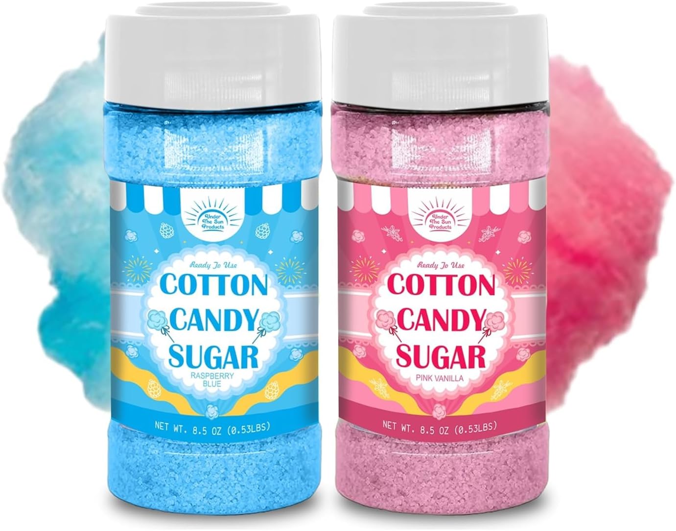 Cotton Candy Floss Sugar Package of ct-(Pink Vanilla, Blue Raspberry -8.5oz Each Flavor Pack of 2 with cones (Pink Vanilla & Blue Raspberry)
