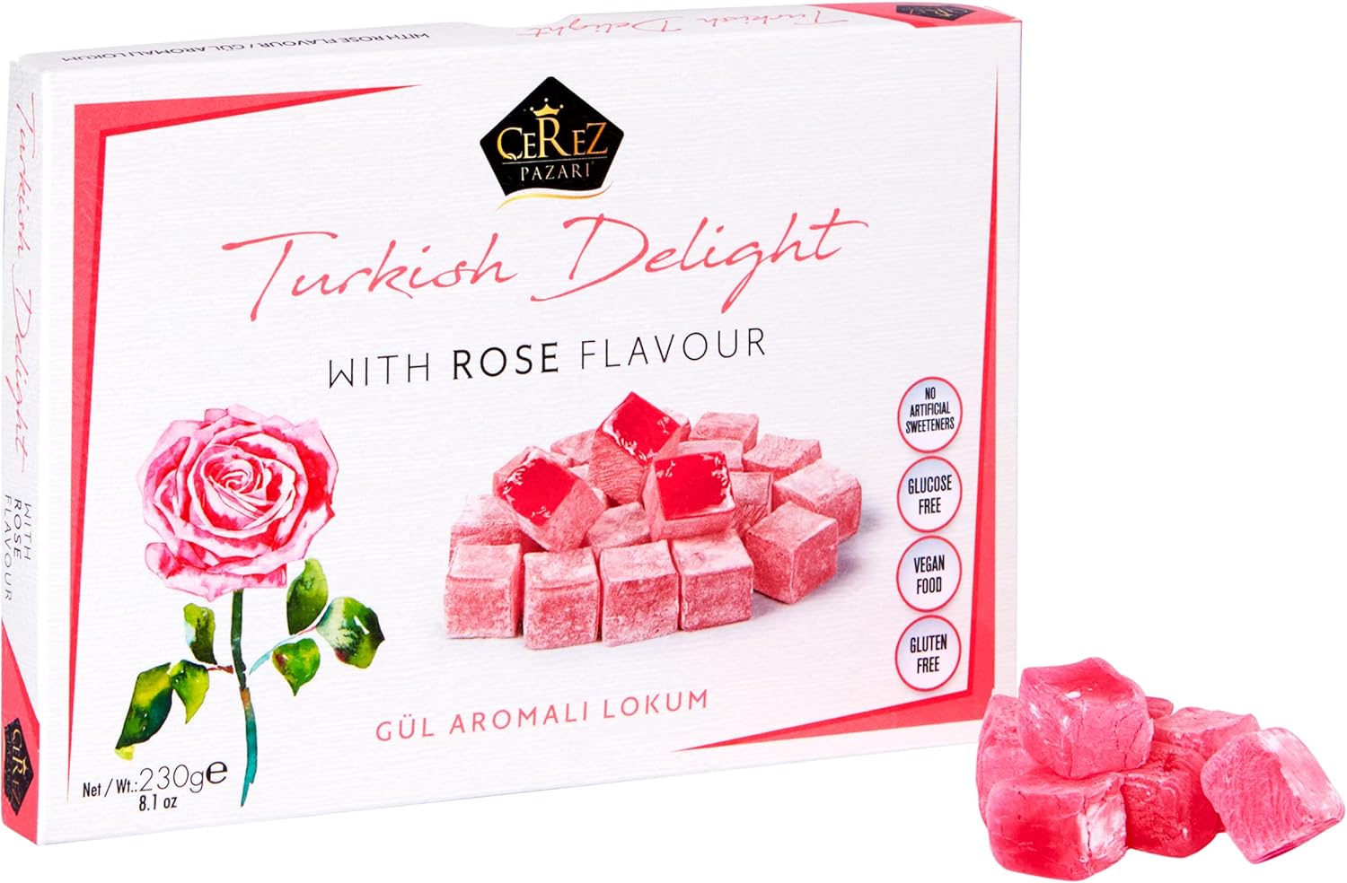 Cerez Pazari Turkish Delight with Rose Flavour 230gr Gourmet Small Size Snacks Gift Box | No Nuts Sweet Traditional Vegan Soft Candy Dessert Approx 40 Pcs