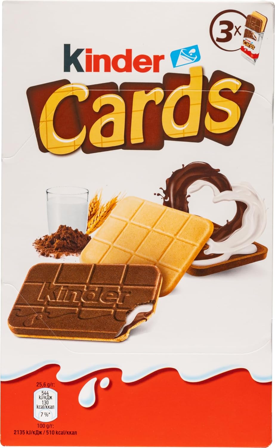 Milk Chocolate Wafer Cookies with Cream & Chocolate Filling Kinder Cards, 3 Individually Wrapped Packs of 2 Wafers, European Snack, 76.8g / 2.69oz