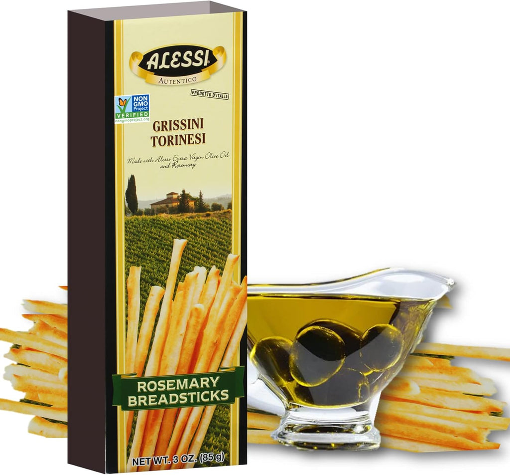 Alessi Imported Breadsticks, Rosemary Autentico Italian Crispy Bread Sticks, Low Fat Made with Extra Virgin Olive Oil (Rosemary, 3 Ounce (Pack of 3))