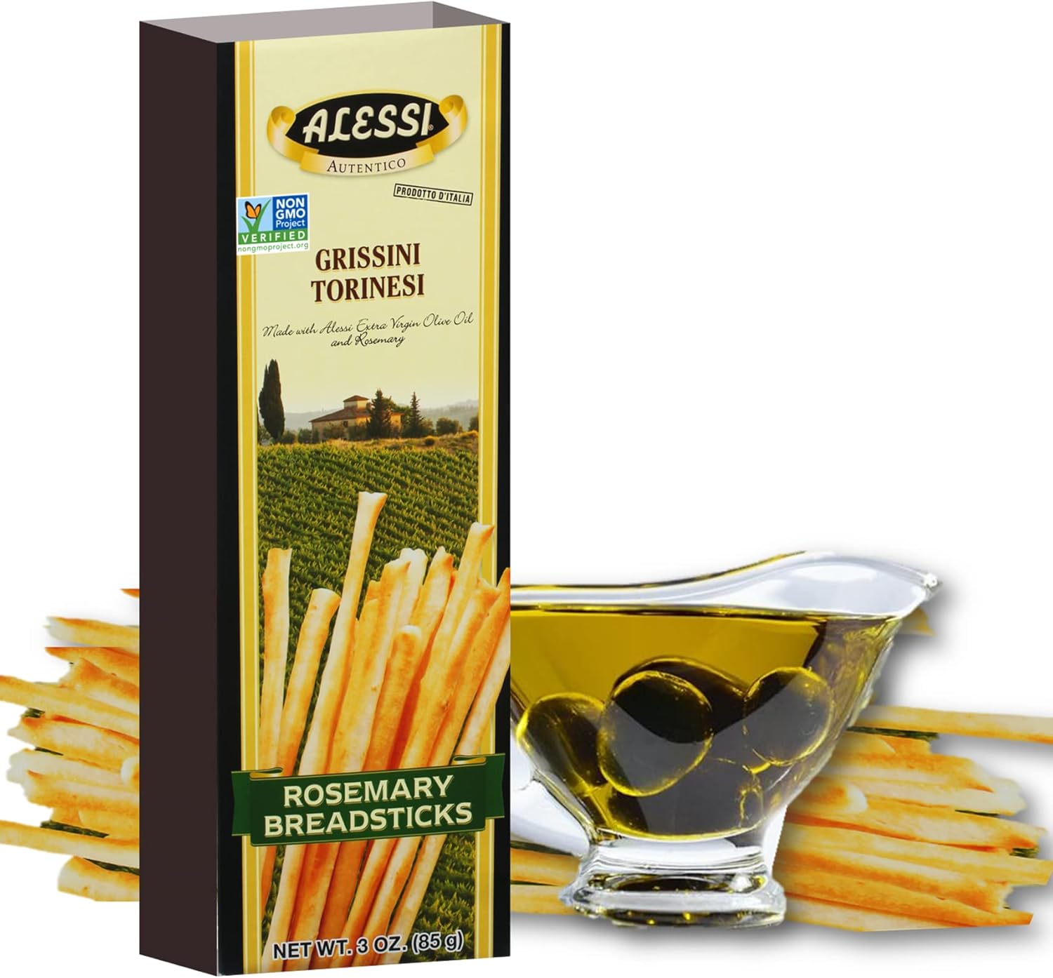 Alessi Imported Breadsticks, Rosemary Autentico Italian Crispy Bread Sticks, Low Fat Made with Extra Virgin Olive Oil (Rosemary, 3 Ounce (Pack of 3))
