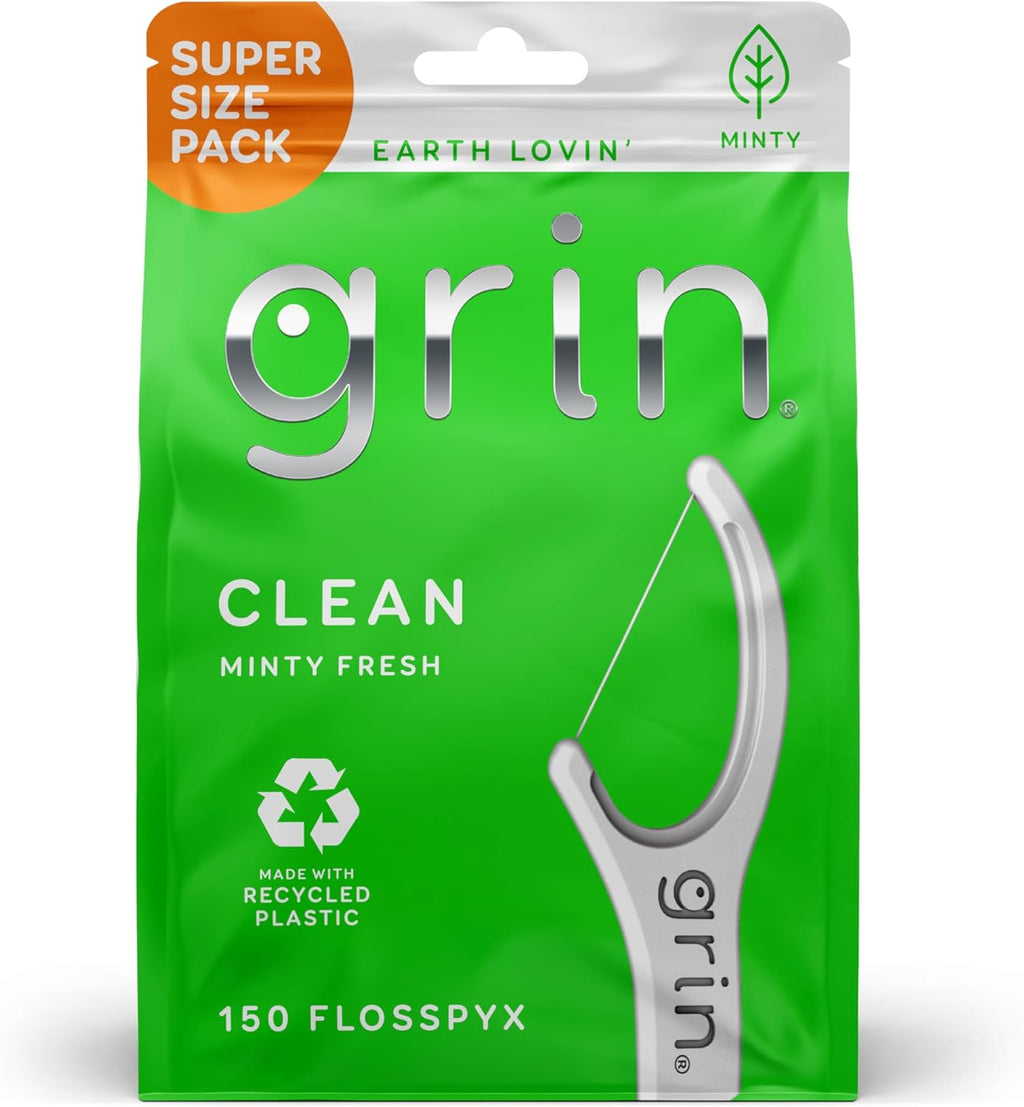 GRIN Clean Flosspyx, Floss Picks, 150 Count, Dental Flossers, Minty Flavor, Recycled Plastic, Super Strong Fine Floss, Tight Teeth, Premium Longer Floss Head, Includes Safe Fold-Back Tooth Pick