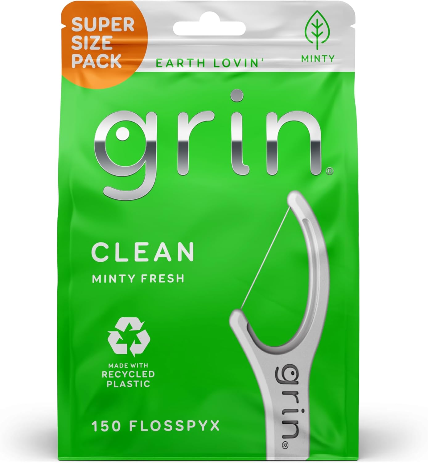 GRIN Clean Flosspyx, Floss Picks, 150 Count, Dental Flossers, Minty Flavor, Recycled Plastic, Super Strong Fine Floss, Tight Teeth, Premium Longer Floss Head, Includes Safe Fold-Back Tooth Pick