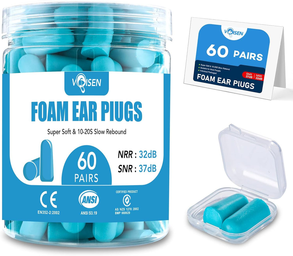 VOISEN 60 Pairs Foam Ear Plugs, Ear Plugs for Sleeping Noise Cancelling, 32dB NRR, 37dB SNR Earplugs for Sleeping, Snoring, Studying, Loud Events, Traveling & Concerts, A Storage Box, Blue