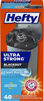 Hefty Ultra Strong 13 Gallon Trash Bags, Black Tall Kitchen Trash Bags 13 Gallon Size, Break Resistant Drawstring Enclosure, Continuous Odor Control, Blackout, Clean Burst Scent, 40 Bags