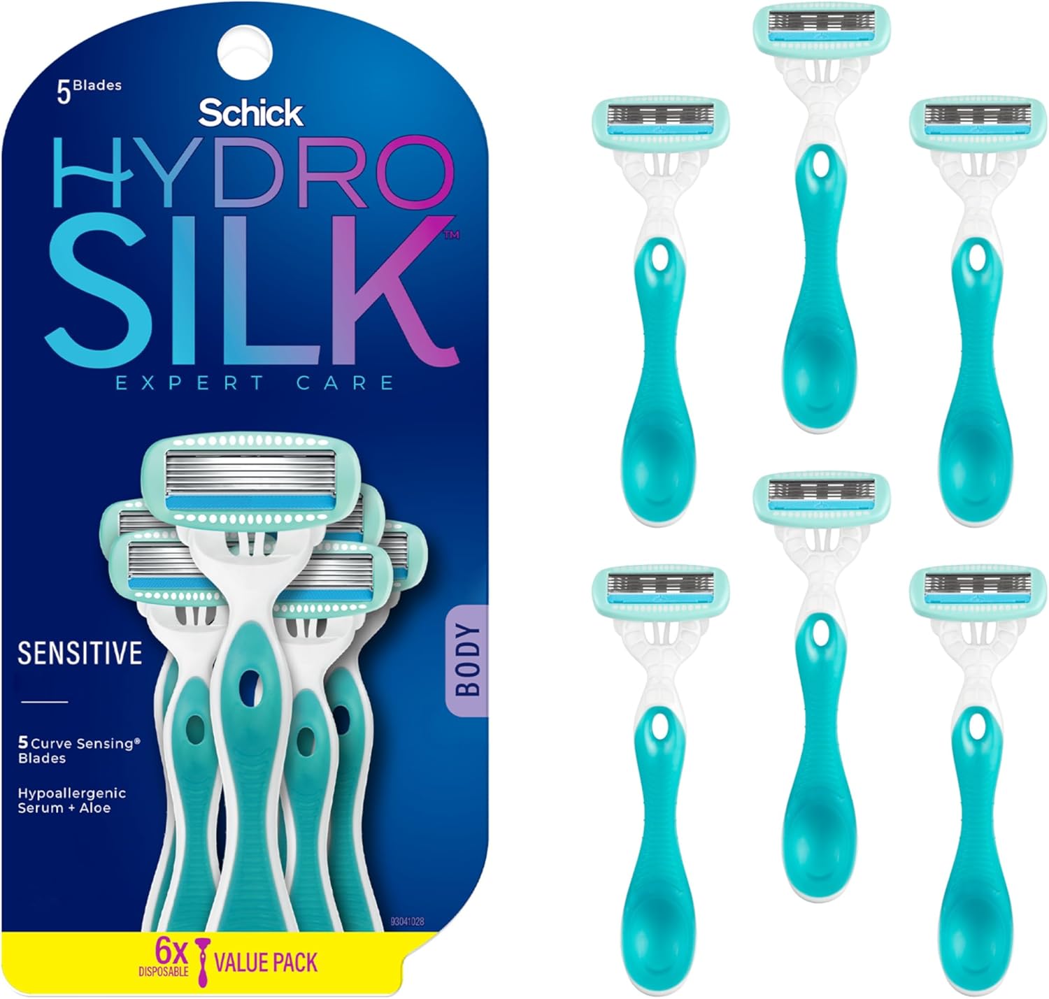 Schick Hydro Silk Sensitive Women's Disposable Razors, 6ct | 5-Blade Disposable Razors for Women Sensitive Skin | Travel Razor for Women