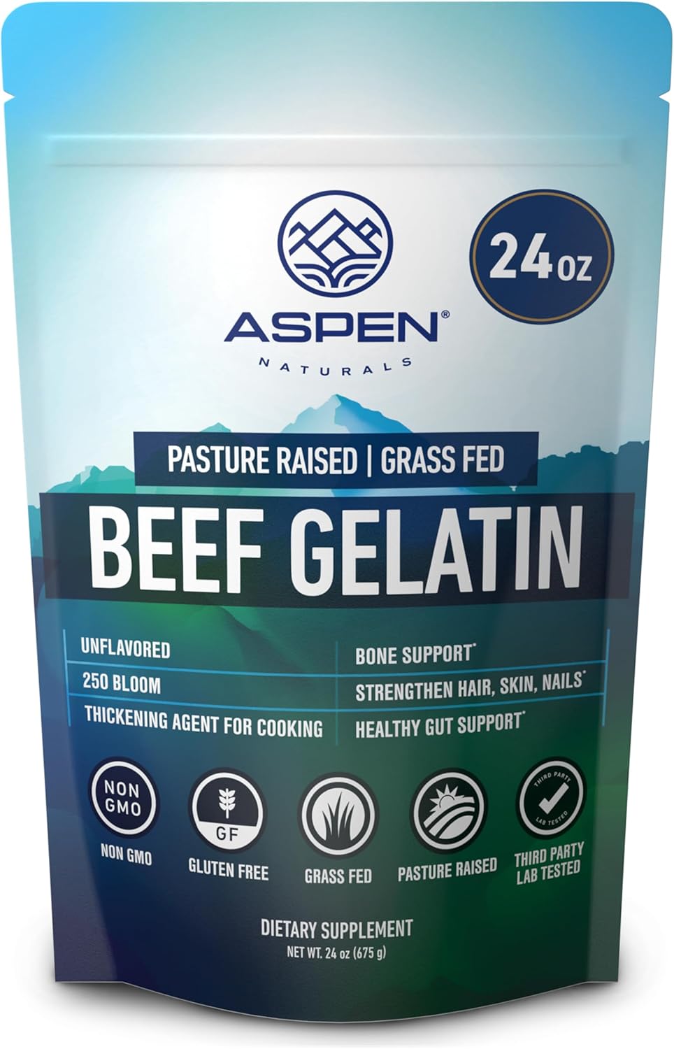 ASPEN NATURALS Beef Gelatin Powder Unflavored 24 Oz | Grass Fed, Pasture-Raised | Non-GMO, Gluten-Free, Paleo-Friendly | Premium Culinary Gelatin | Cooking, Baking, Gummies, Marshmallows & More