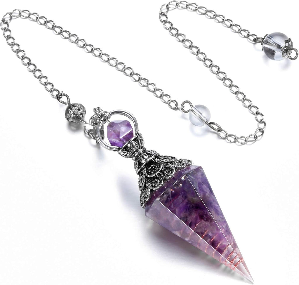 Jovivi Healing Crystal Pendulums for Dowsing Divination 6 Facted Hexagonal Pointed Cone Resin Chip Stones Reiki Wicca Spritual Gemstone Chakra Energy Pendant with Chain