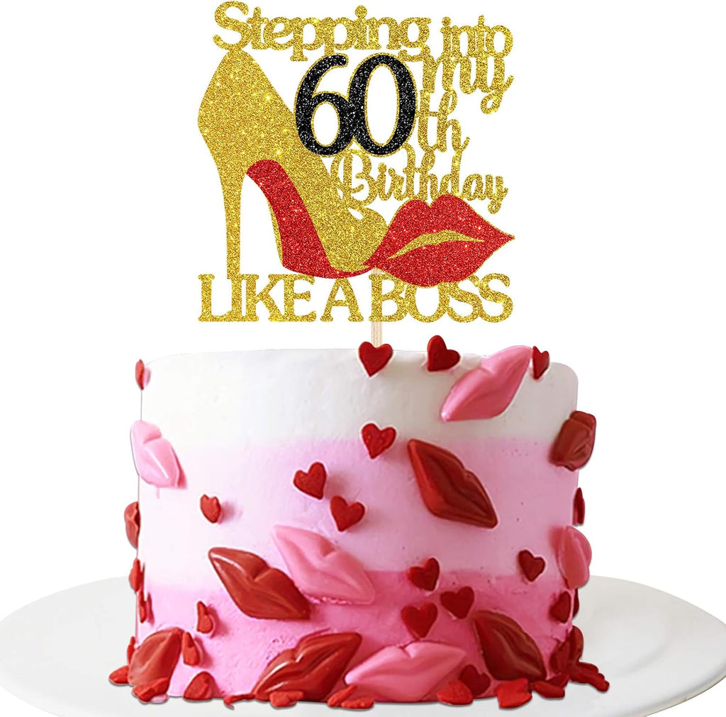 Gold Red Glitter Stepping into 60 Cake Topper - 60th Birthday Cake Decor - Stepping into My 60th Birthday Like a Boss - Happy Bday Party Cake Decorations for Women
