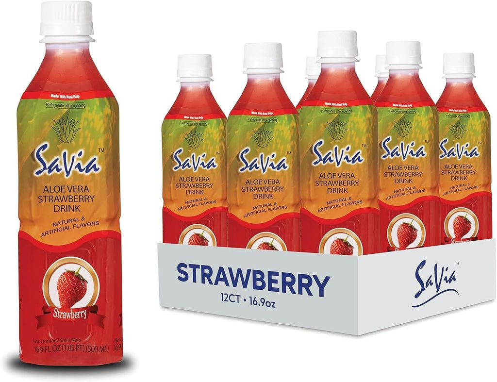 Savia - Strawberry Aloe Vera Drink, Quality Aloe-Based Beverage, Made with Real Aloe Pulp & Natural, Delicious & Refreshing, Vegetarian, Gluten-Free, Fat-Free (16.9oz, 12-Pack)