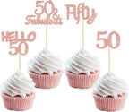 Gyufise 24Pcs Rose Gold Glitter 50th Birthday Cupcake Toppers 50 & fabulous Cake Decorations Hello 50 Fifty Cupcake Picks 50th Birthday Cake Decorations Supplies